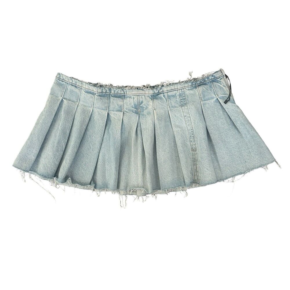 NEW Zara Box Pleat Denim Mini Skirt Side Zip Raw Hem Light Wash Size Large - Picture 3 of 11